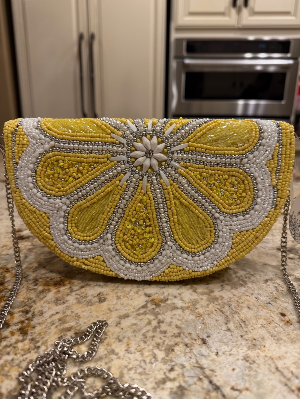 Elegant Beaded Floral/Lemon Slice Evening Clutch w/ Crossbody Chain - Picture 3 of 9